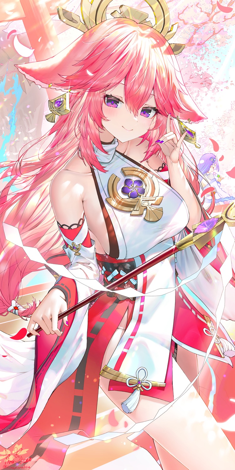 animal_ears, genshin_impact, japanese_clothes, kiramarukou, kitsune, no_bra, yae_miko