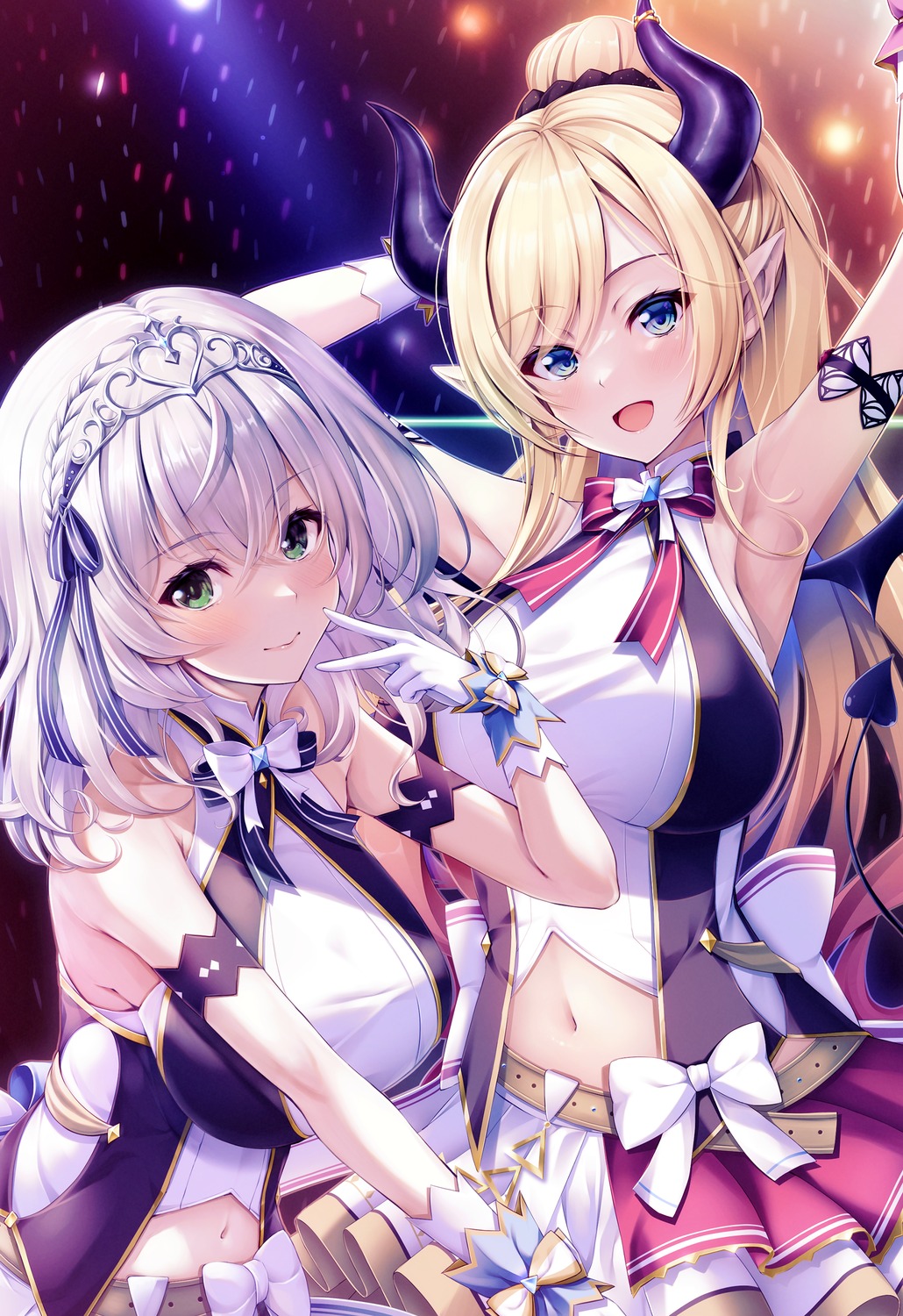 hololive, horns, kamishiro_mai_(capti-no), pointy_ears, shirogane_noel, tail, uniform, yuzuki_choco