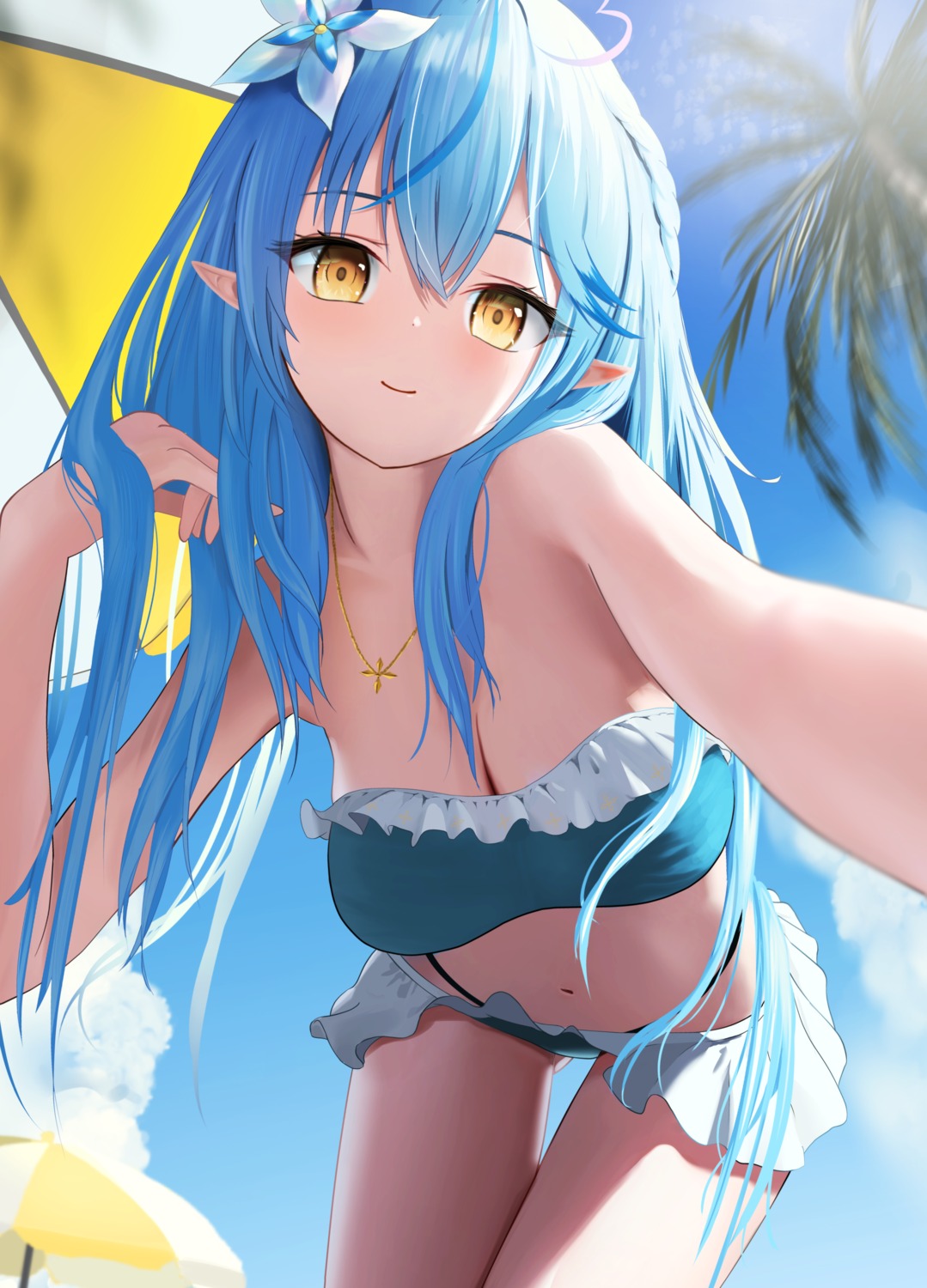 bikini, elf, hololive, pointy_ears, selfie, skirt_lift, swimsuits, torjun_111, yukihana_lamy