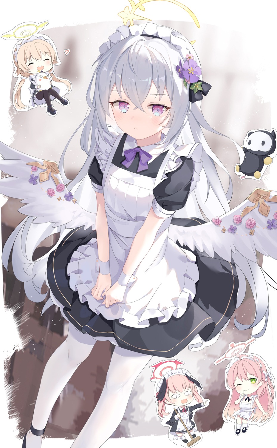 ajitani_hifumi, angel, blue_archive, chibi, halo, maid, pantyhose, serika
