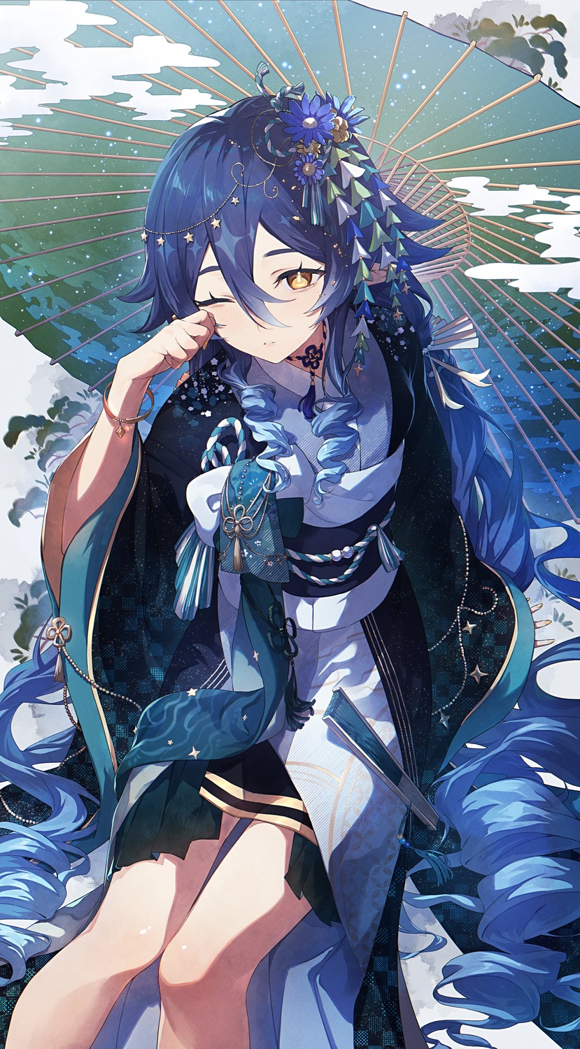 aoppoi_oto, genshin_impact, japanese_clothes, layla_(genshin_impact), umbrella