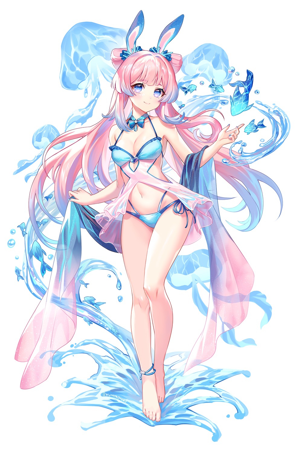 animal_ears, bikini, bunny_ears, genshin_impact, lalazyt, sangonomiya_kokomi, see_through, swimsuits