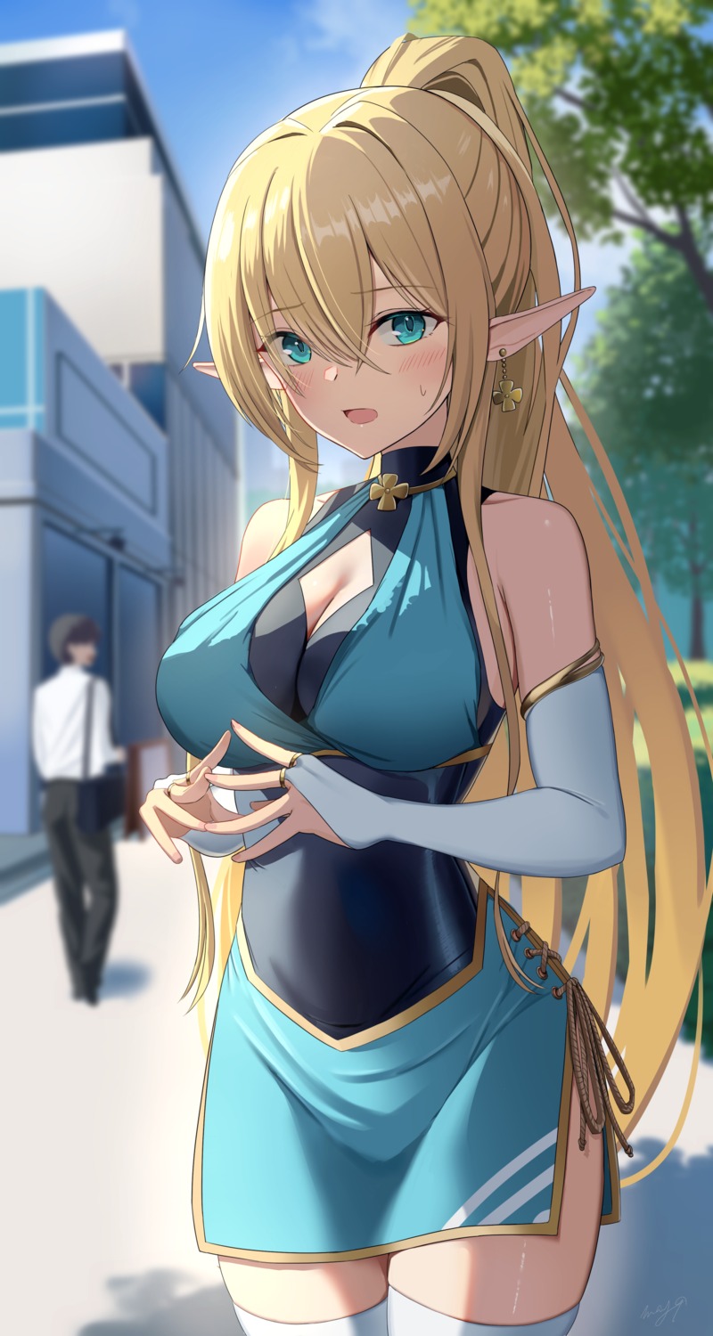 cleavage, elf, may9, pointy_ears, thighhighs