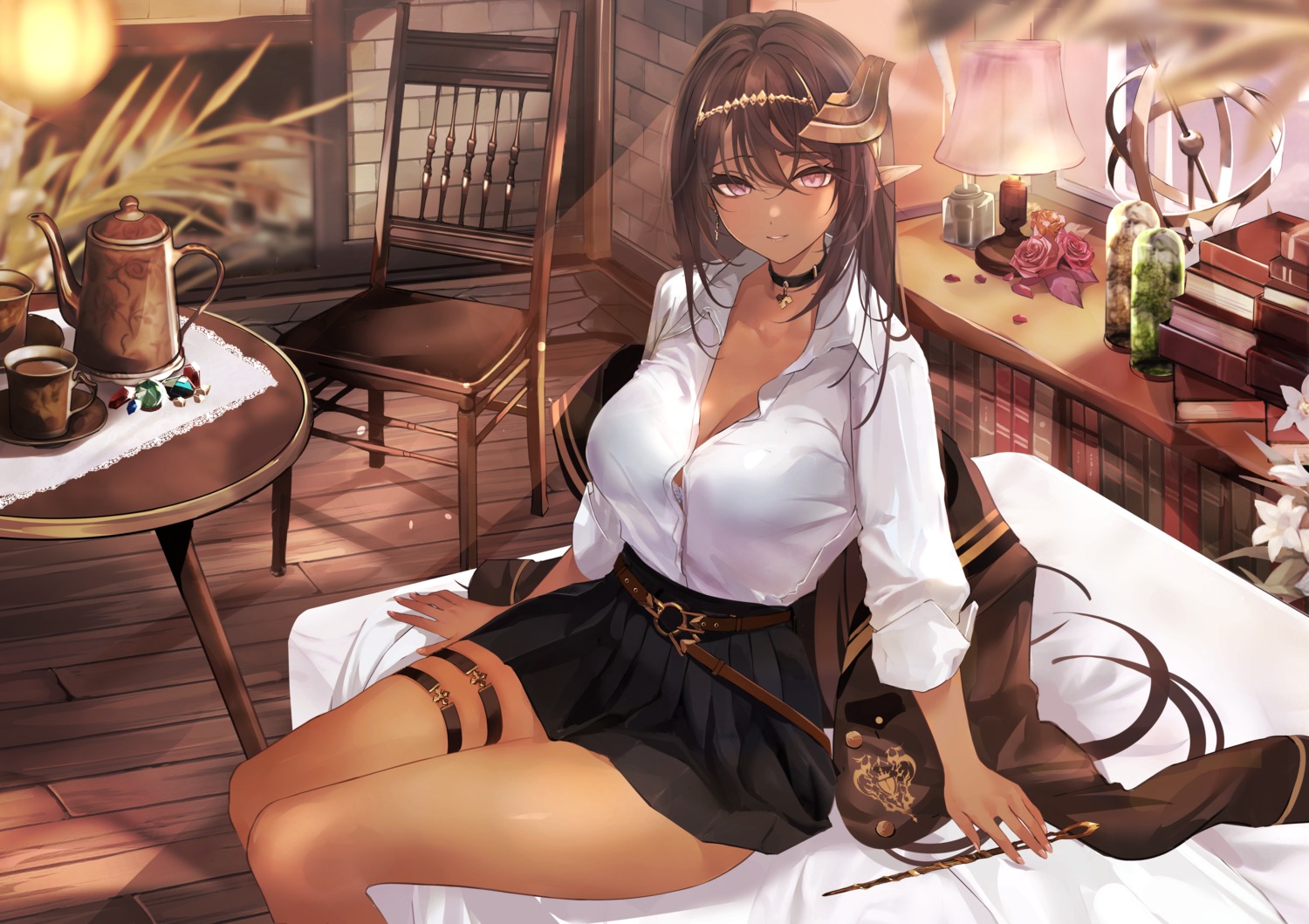 bra, elf, garter, mexif, open_shirt, pointy_ears, see_through, seifuku