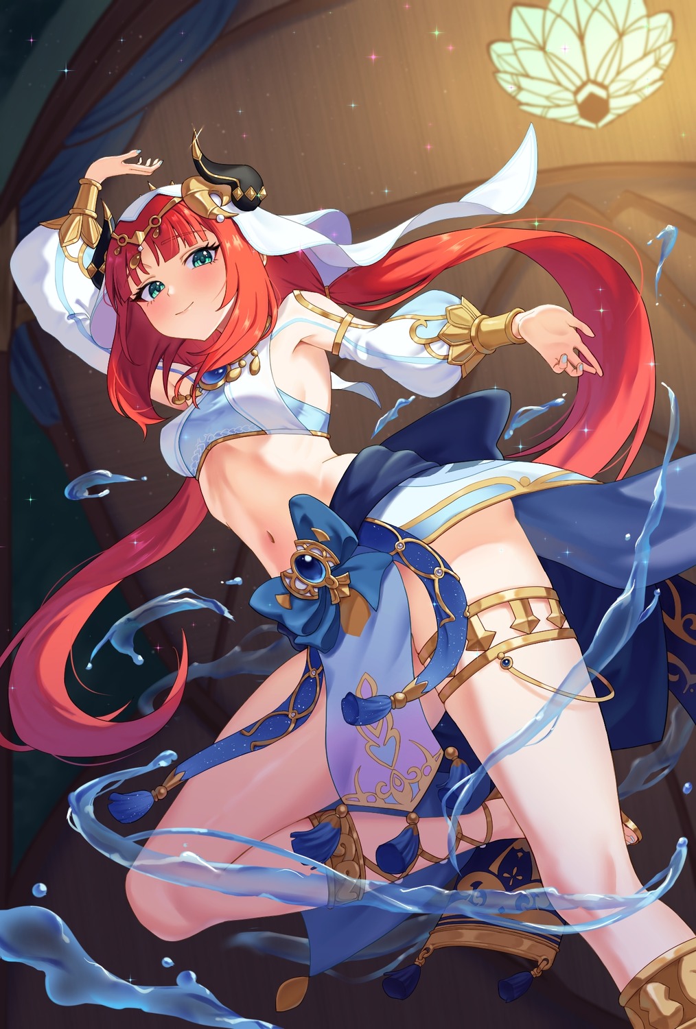 garter, genshin_impact, horns, kadokadokado, nilou, no_bra