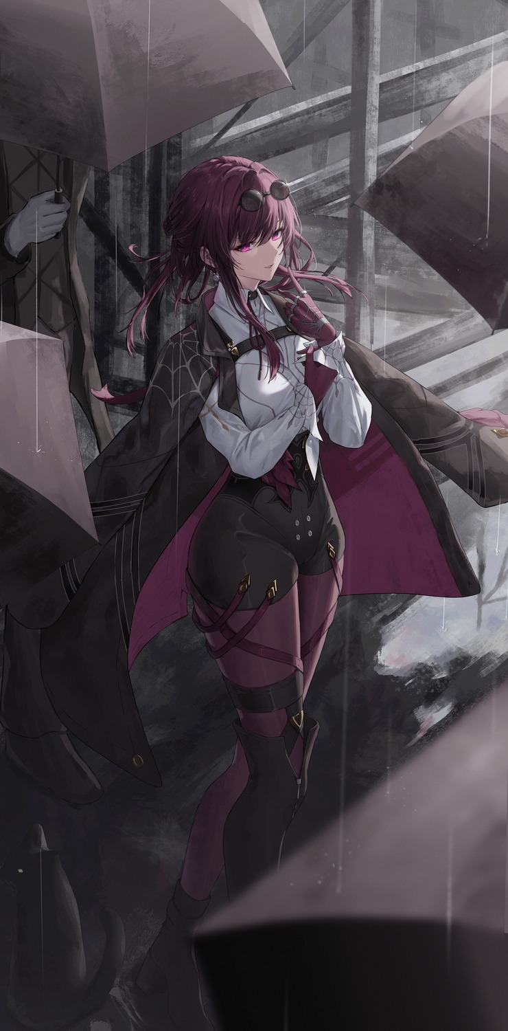 bakemonsou, garter, heels, honkai:_star_rail, kafka_(honkai:_star_rail), megane, pantyhose, stockings, thighhighs, umbrella
