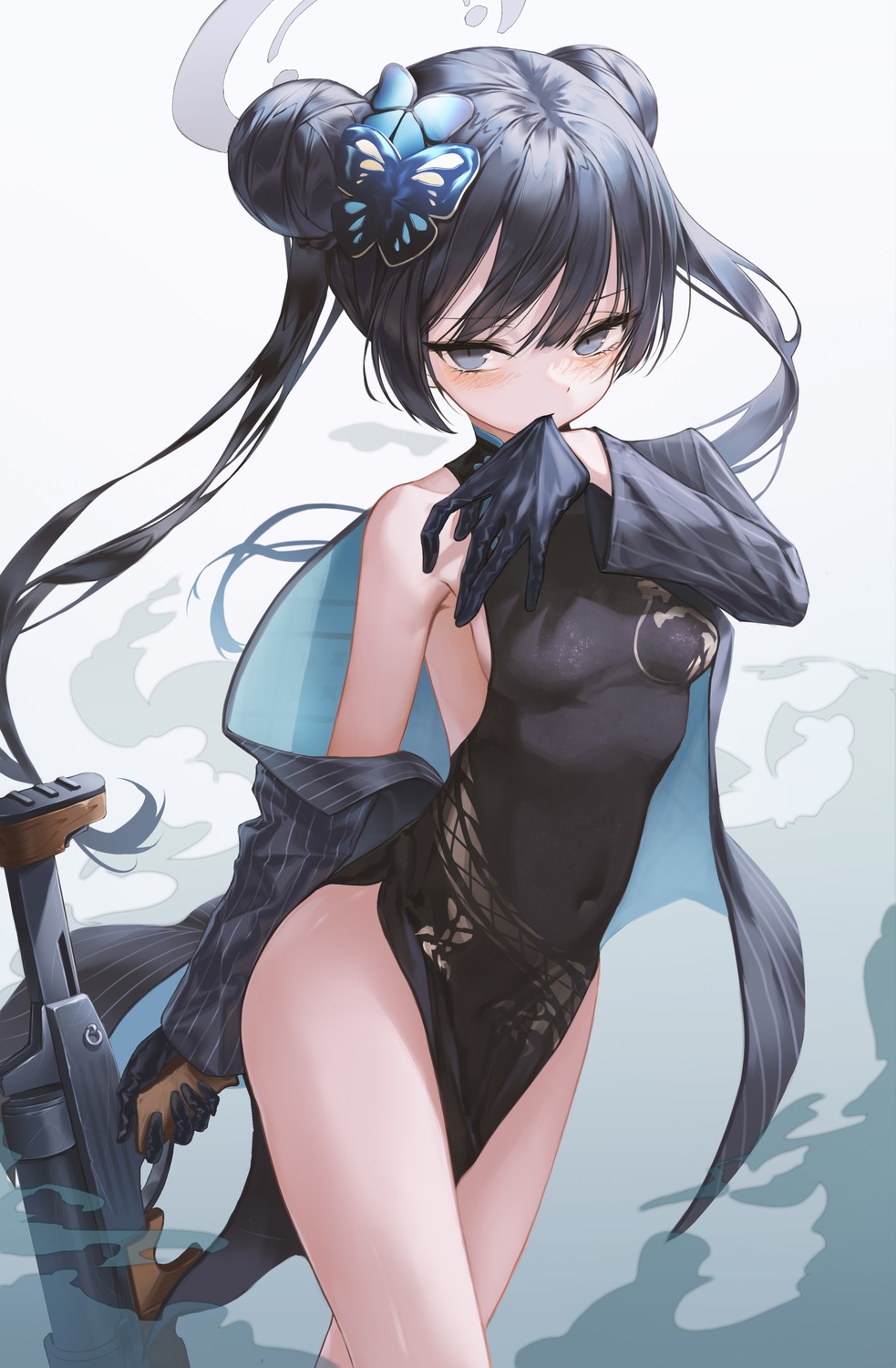 blue_archive, chinadress, gun, h2o_(dfo), halo, no_bra, nopan, ryuuge_kisaki