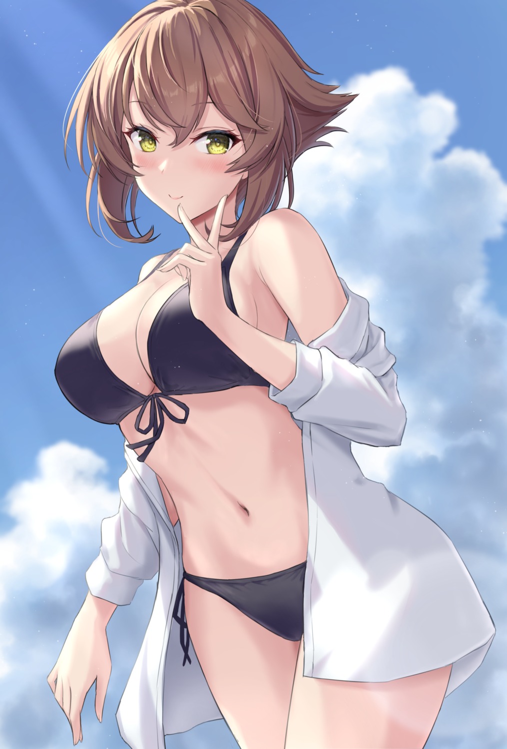 bikini, cleavage, kantai_collection, monoku, mutsu_(kancolle), open_shirt, swimsuits