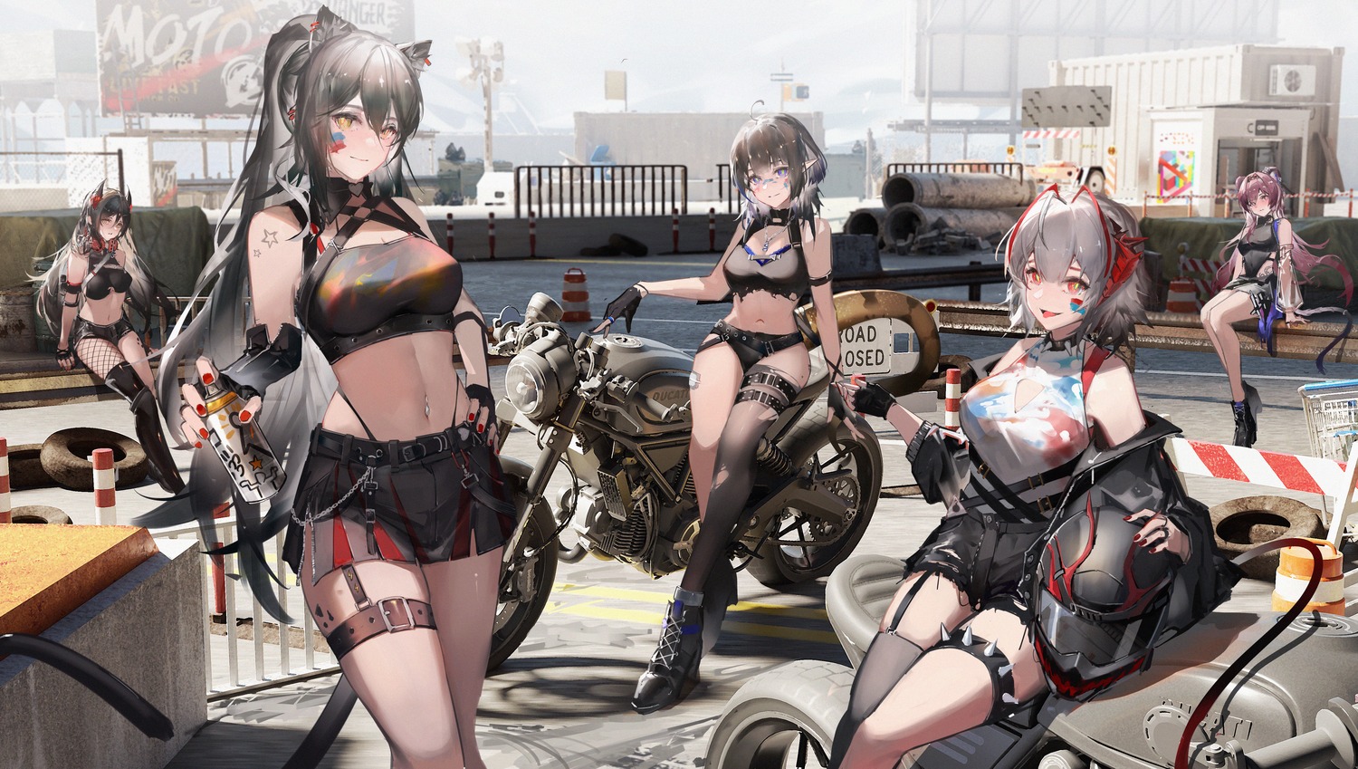animal_ears, arknights, bandaid, eunectes_(arknights), fishnets, garter, horns, ines_(arknights), lin_yuhsia_(arknights), mkt_(pixiv15187870), pointy_ears, schwarz_(arknights), stockings, tail, tattoo, thighhighs, torn_clothes, w_(arknights)