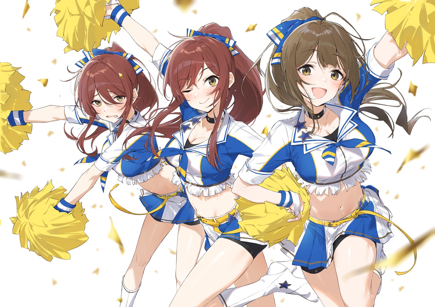 bike_shorts, cheerleader, cleavage, hayashi_kewi, kuwayama_chiyuki, oosaki_amana, oosaki_tenka, the_idolm@ster