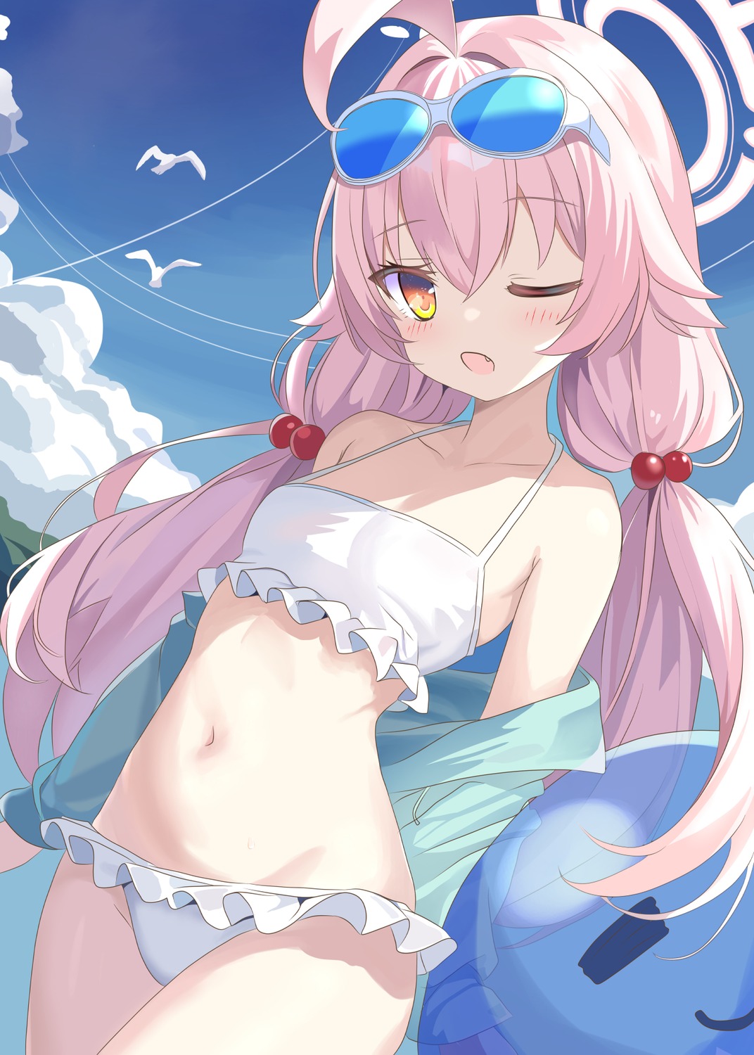 aruka_(alka_p1), bikini, blue_archive, halo, megane, open_shirt, swimsuits, takanashi_hoshino