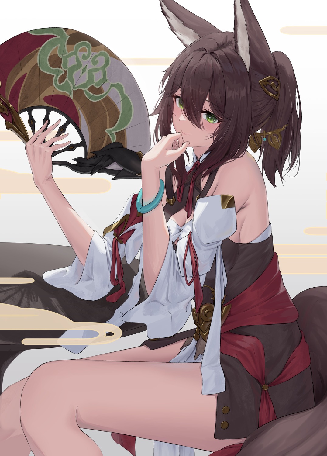 animal_ears, asian_clothes, bakemonsou, cleavage, honkai:_star_rail, kitsune, no_bra, tail, tingyun