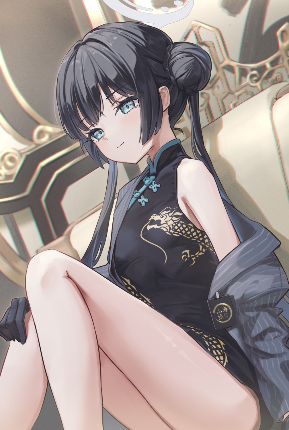 blue_archive, chinadress, halo, ryuuge_kisaki, skirt_lift, tem_(tempainting1)