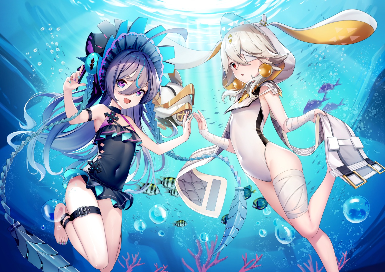 animal_ears, bandages, bunny_ears, garter, swimsuits, tower_of_fantasy, yan_(nicknikg)