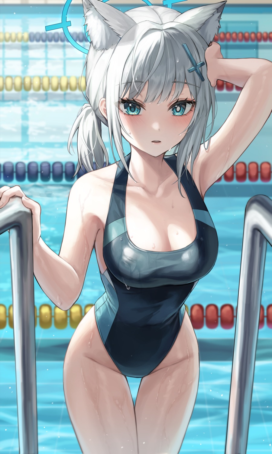 animal_ears, blue_archive, halo, miudo, nekomimi, sunaookami_shiroko, swimsuits, wet
