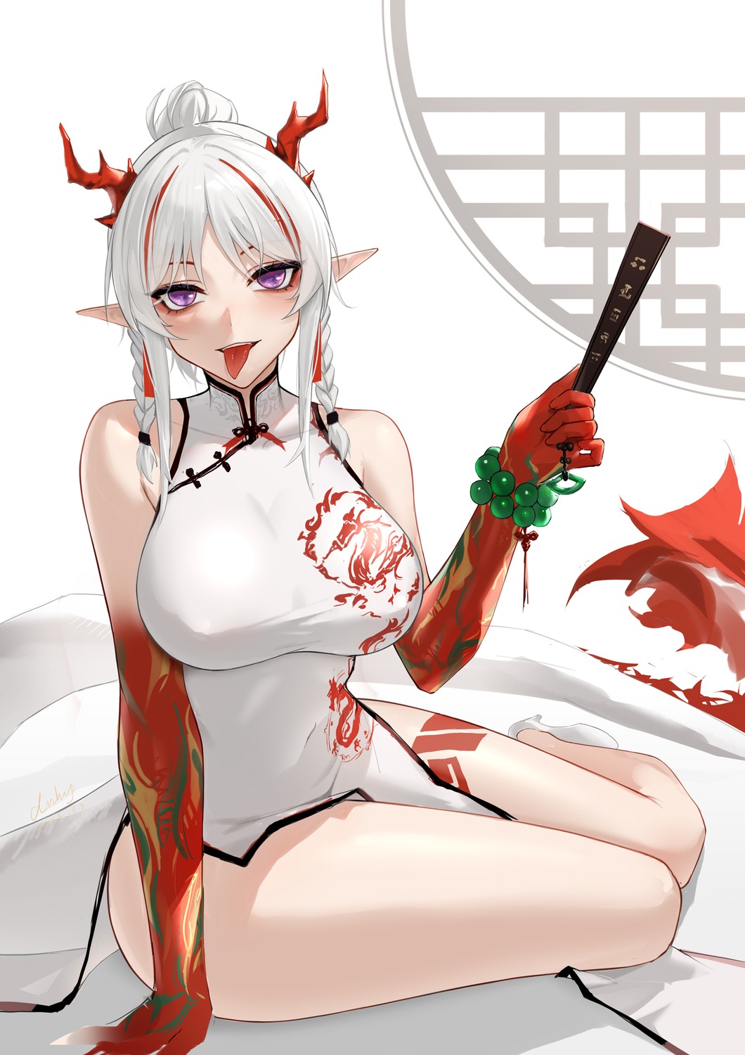 anming, arknights, chinadress, horns, pointy_ears, tail, tattoo