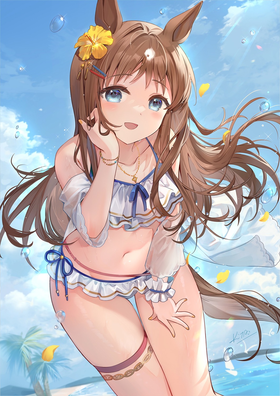 animal_ears, bikini, garter, grass_wonder_(umamusume), kita_(kitairoha), see_through, swimsuits, tail, uma_musume_pretty_derby
