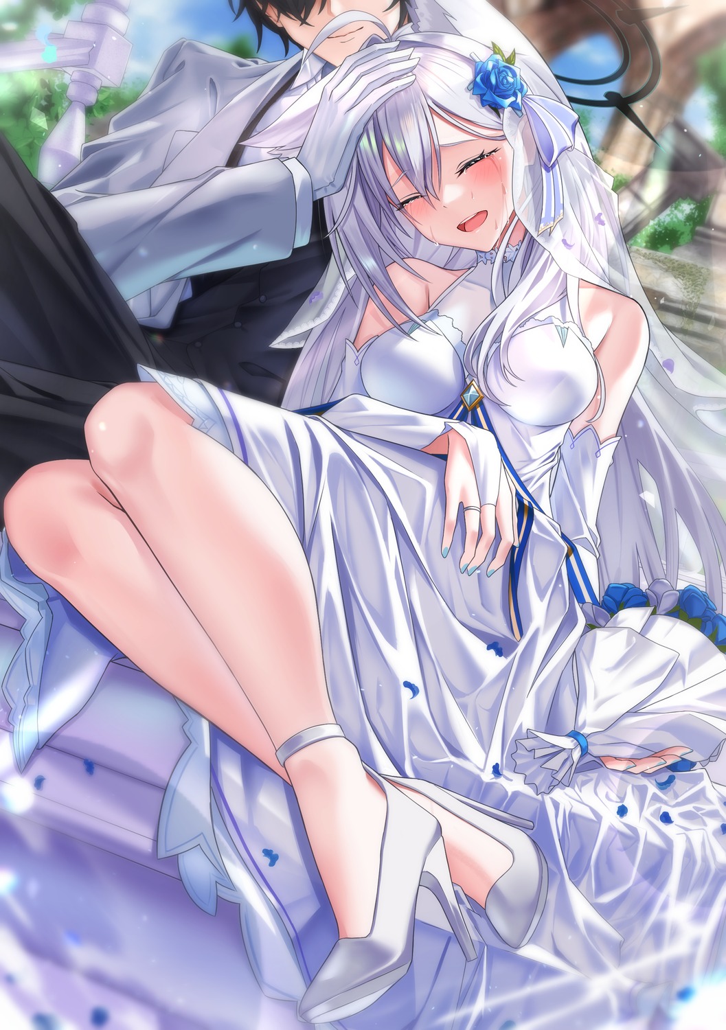 animal_ears, apple_t_(ringotyasan), blue_archive, business_suit, dress, halo, heels, nekomimi, see_through, sunaookami_shiroko, sunaookami_shiroko_terror, wedding_dress