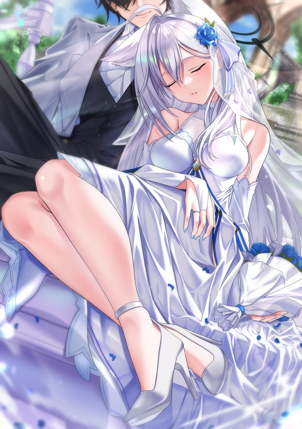 animal_ears, apple_t_(ringotyasan), blue_archive, business_suit, dress, halo, heels, nekomimi