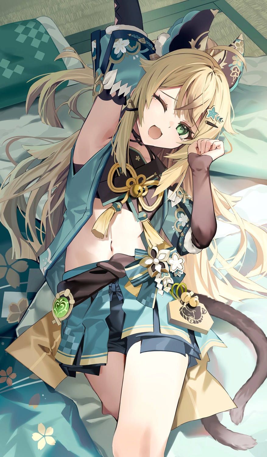 animal_ears, genshin_impact, japanese_clothes, kirara_(genshin_impact), motto_(night_wear), nekomimi, tail