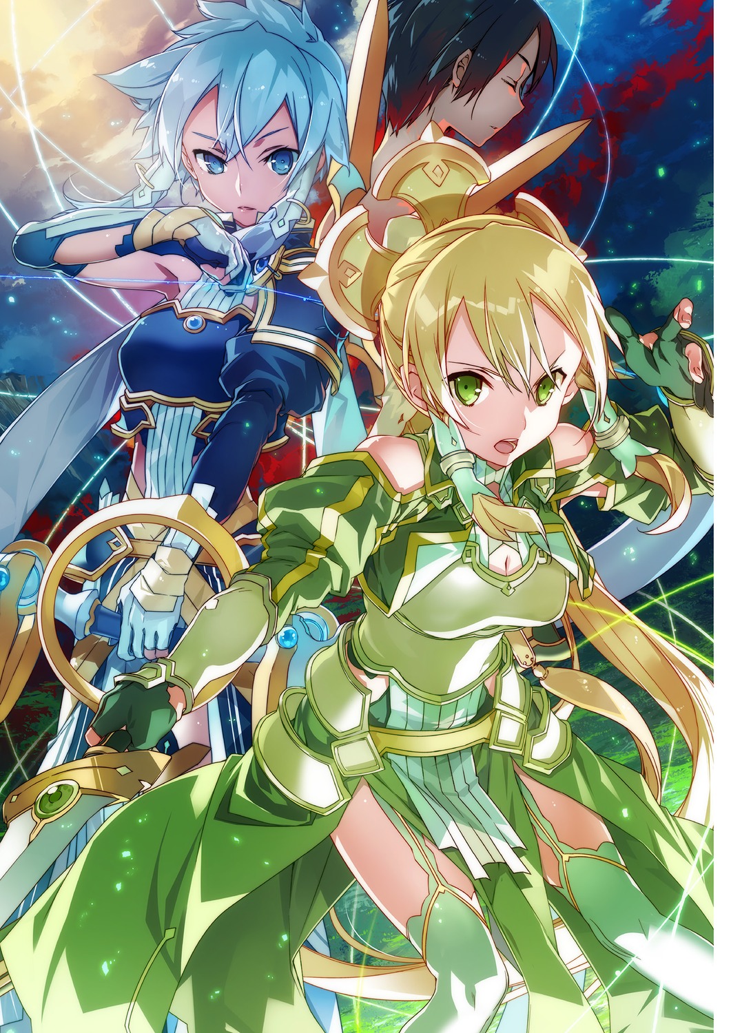 armor, bunbun, cleavage, kirito, leafa, sinon, stockings, sword