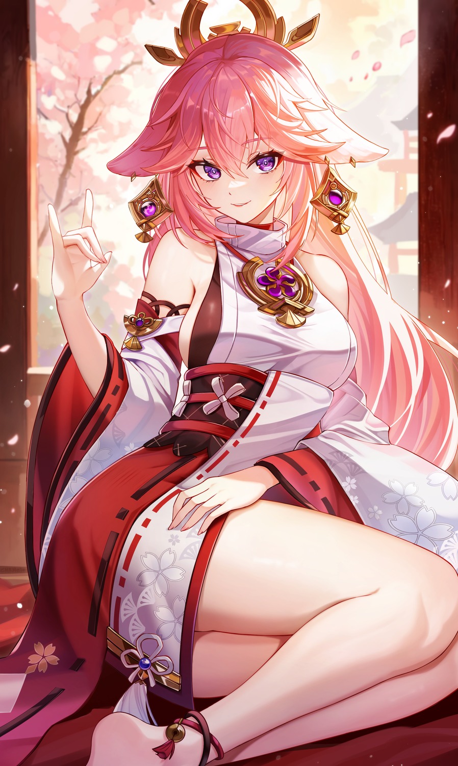 animal_ears, chen_ying_(alan-yut), genshin_impact, japanese_clothes, kitsune, no_bra, yae_miko