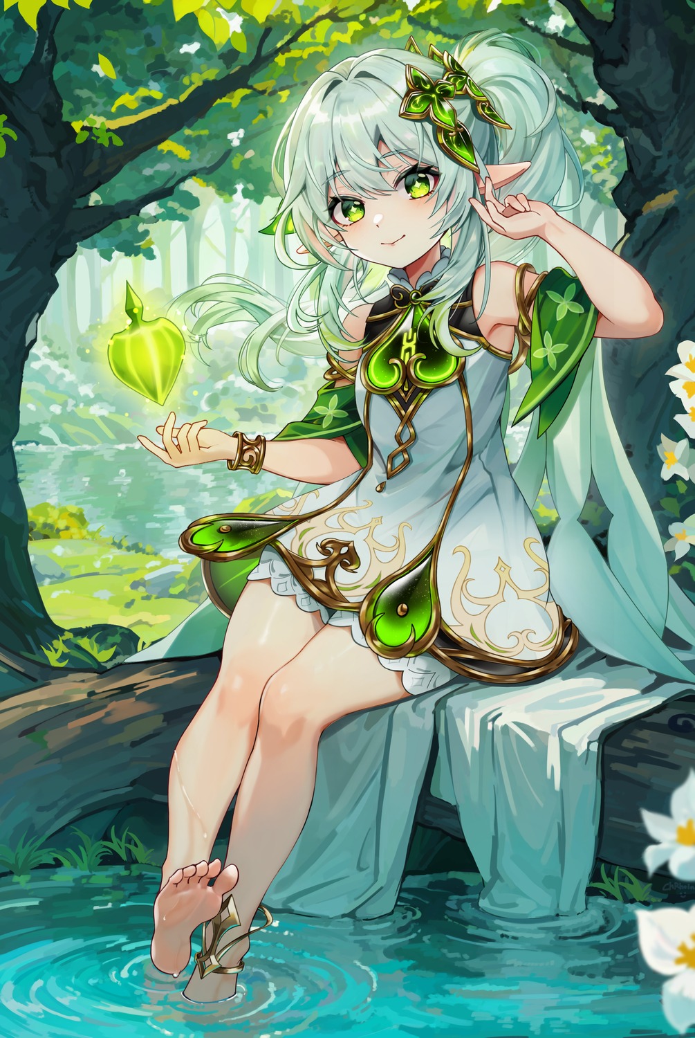 bloomers, chen_ying_(alan-yut), dress, feet, genshin_impact, nahida, pointy_ears, wet