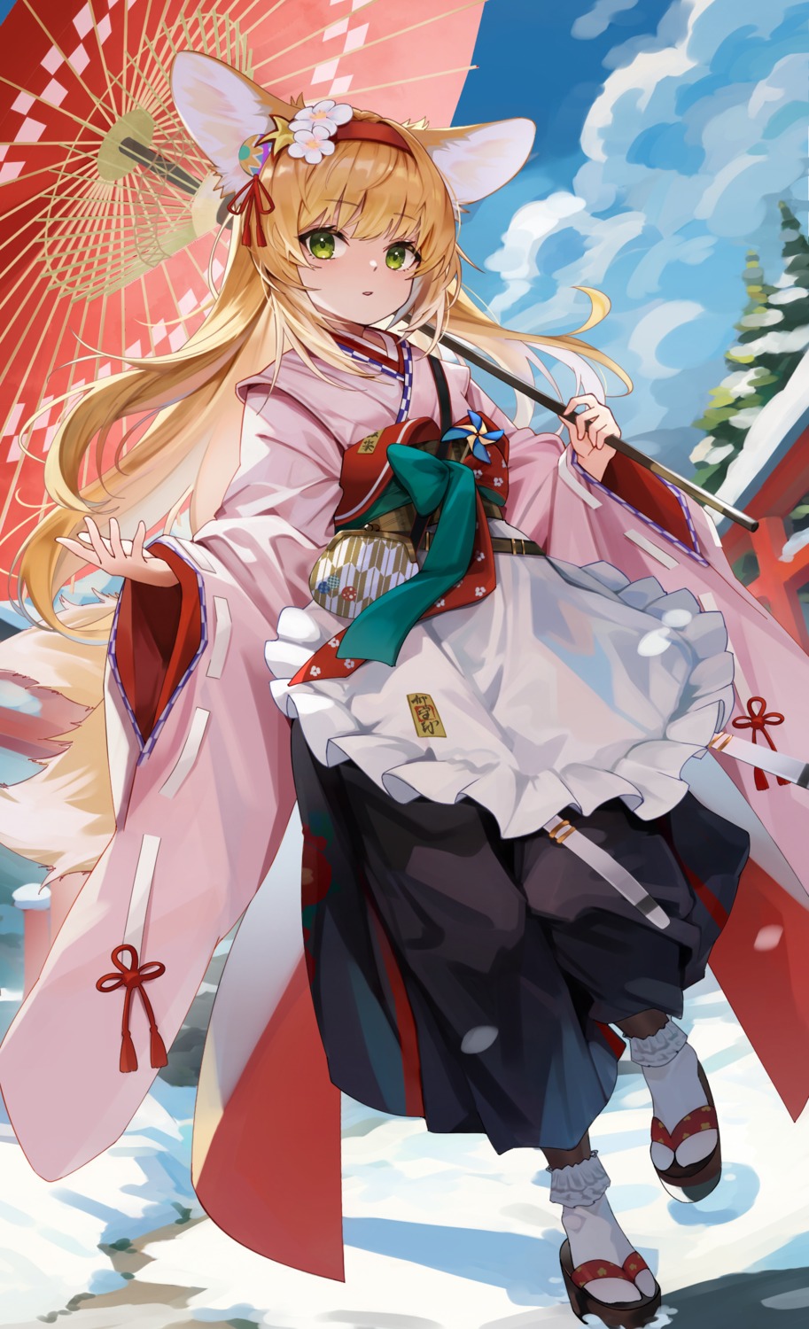 animal_ears, arknights, chen_ying_(alan-yut), japanese_clothes, kitsune, suzuran_(arknights), tail, umbrella