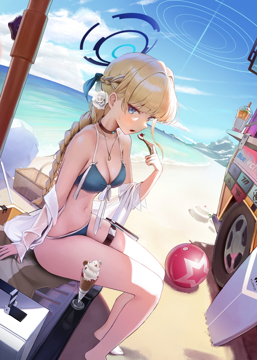 asuma_toki, bikini, blue_archive, fogeun, garter, halo, open_shirt, swimsuits