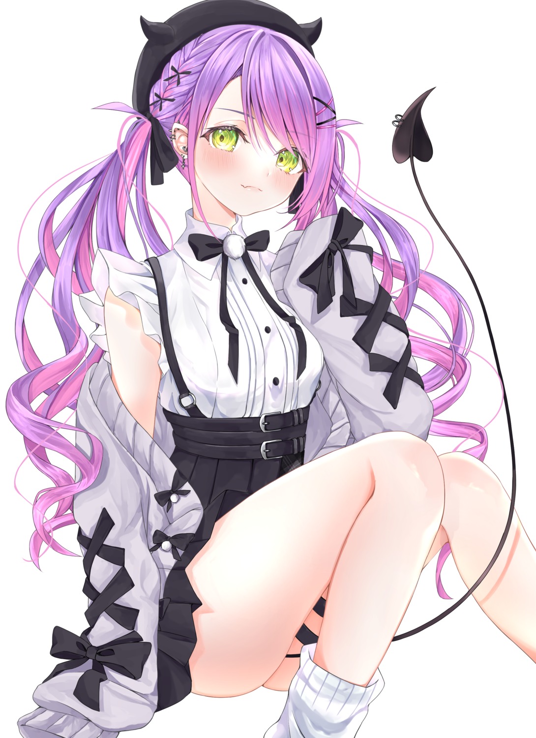 garter, hololive, mintmia11, pointy_ears, skirt_lift, sweater, tail, tokoyami_towa