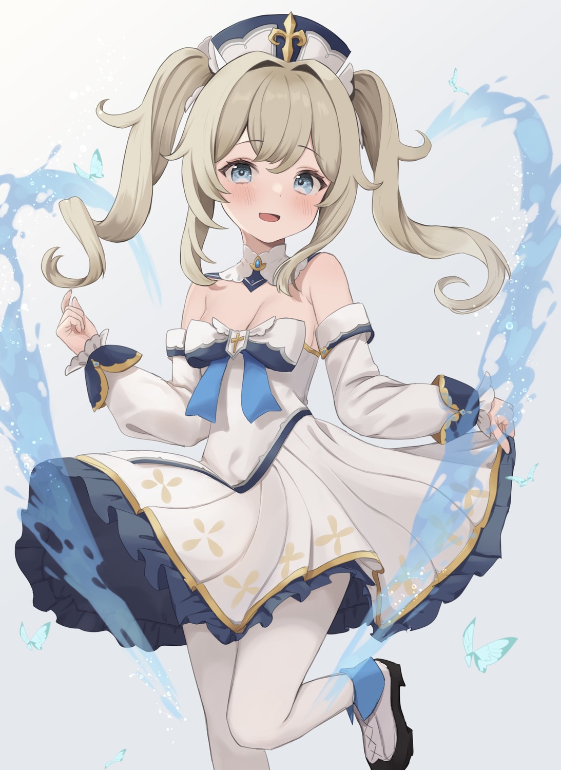 barbara_(genshin_impact), dress, genshin_impact, hanazawa_ma, no_bra, pantyhose, skirt_lift