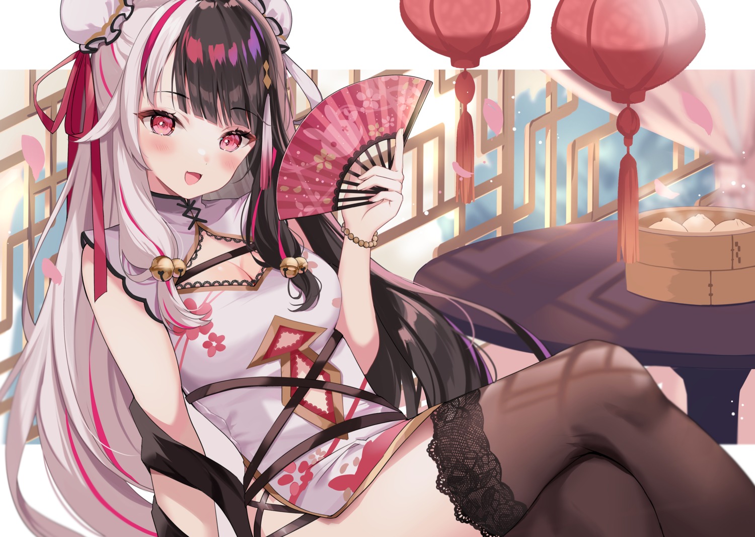 chinadress, cleavage, moeko, nijisanji, thighhighs, yorumi_rena