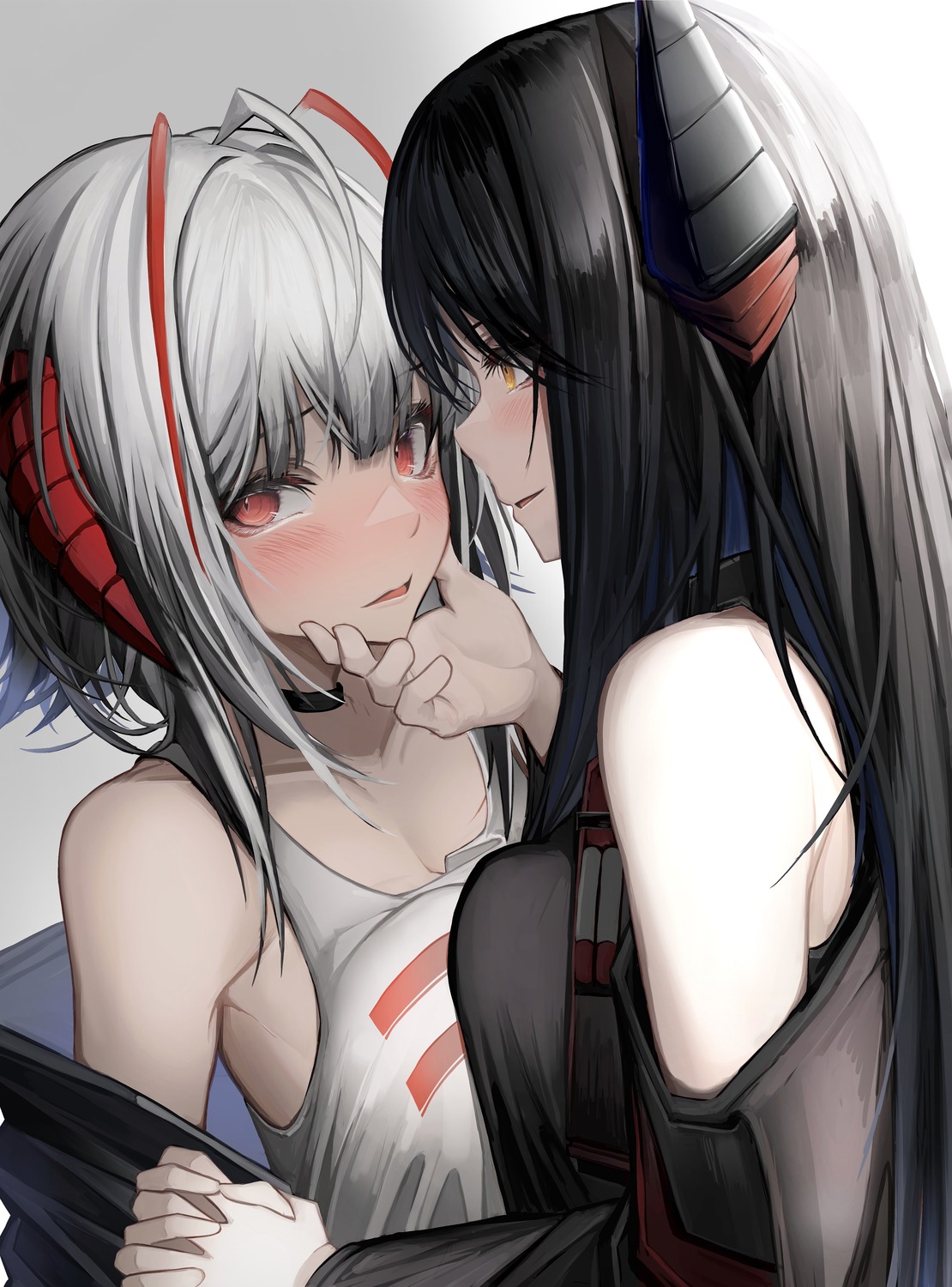 arknights, horns, ines_(arknights), symmetrical_docking, tab_head, w_(arknights), yuri