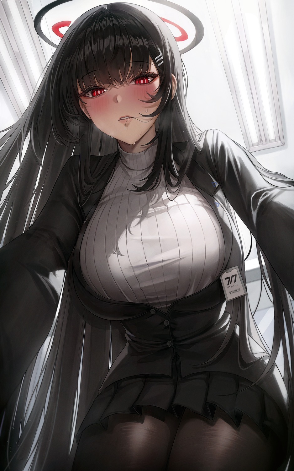 blue_archive, business_suit, halo, pantyhose, ryu_o, sweater, tsukatsuki_rio