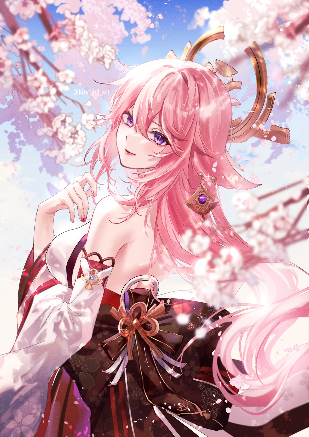 animal_ears, genshin_impact, japanese_clothes, kitsune, kity1211_tetsu, no_bra, yae_miko