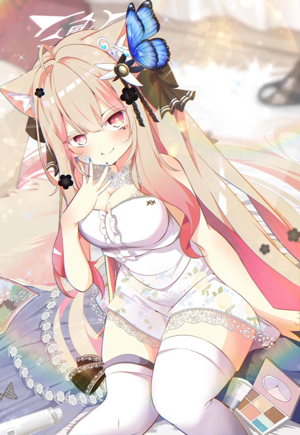 angel, animal_ears, cleavage, dress, garter, majima, see_through, tattoo, thighhighs