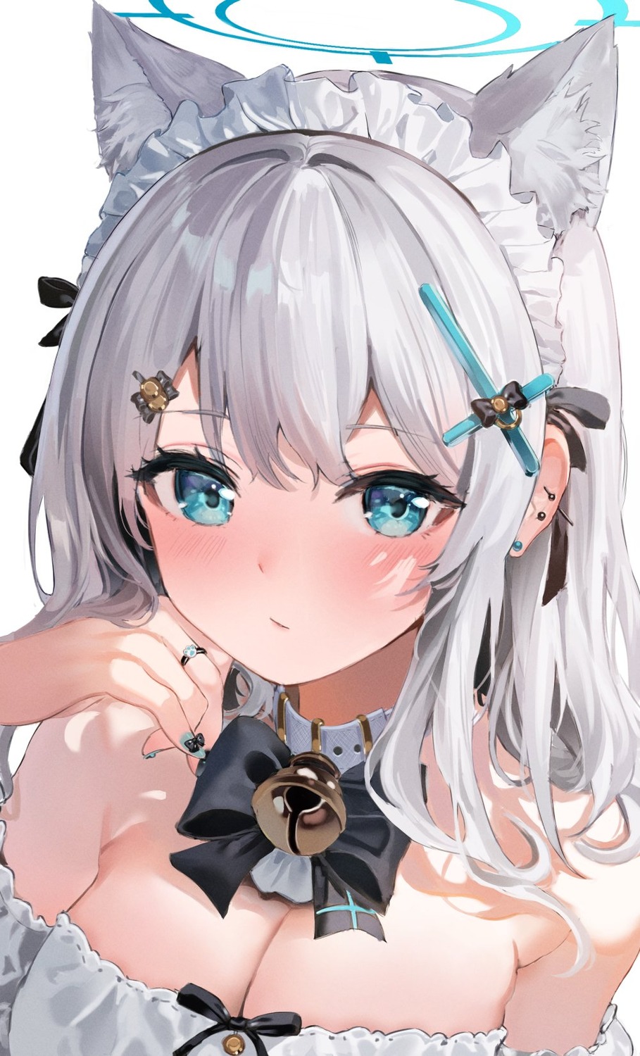 animal_ears, blue_archive, halo, maid, nekomimi, no_bra, shaffelli, sunaookami_shiroko