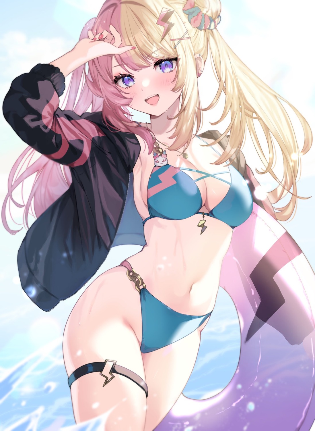 bikini, garter, machikaze_fuuna, nijisanji, nijisanji_en, open_shirt, swimsuits, thong, torahime_kotoka, wet