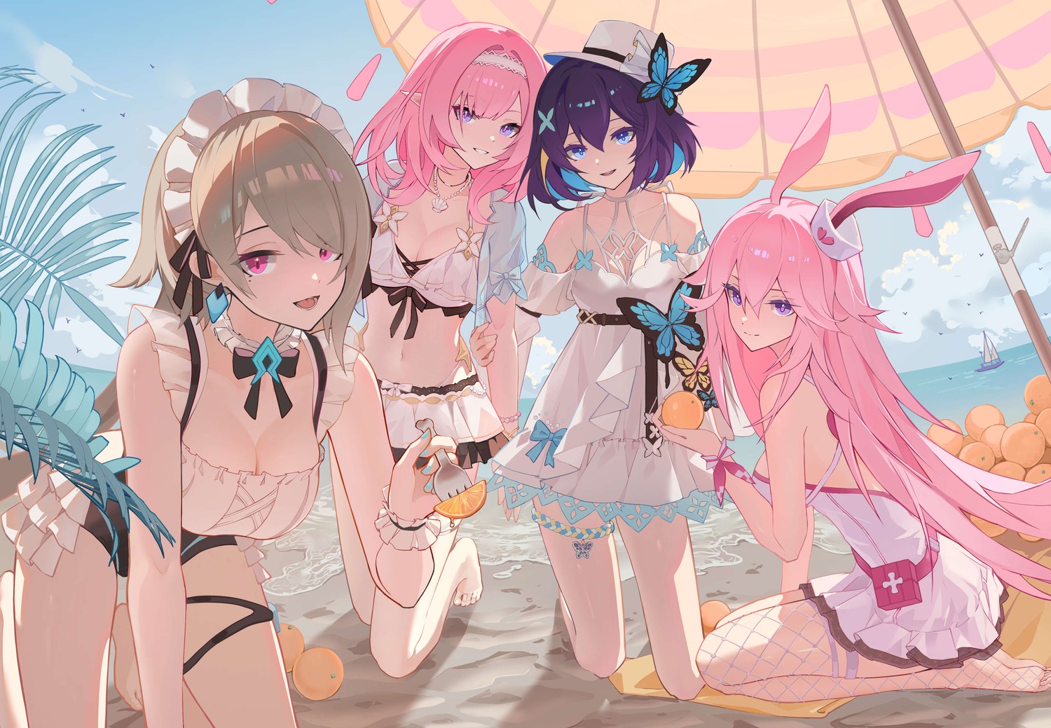ai_dongdong, animal_ears, benghuai_xueyuan, bikini, bunny_ears, cleavage, dress, elysia_(honkai_impact), fishnets, garter, honkai_impact, maid, pointy_ears, rita_rossweisse, seele_vollerei, swimsuits, thighhighs, yae_sakura_(benghuai_xueyuan)
