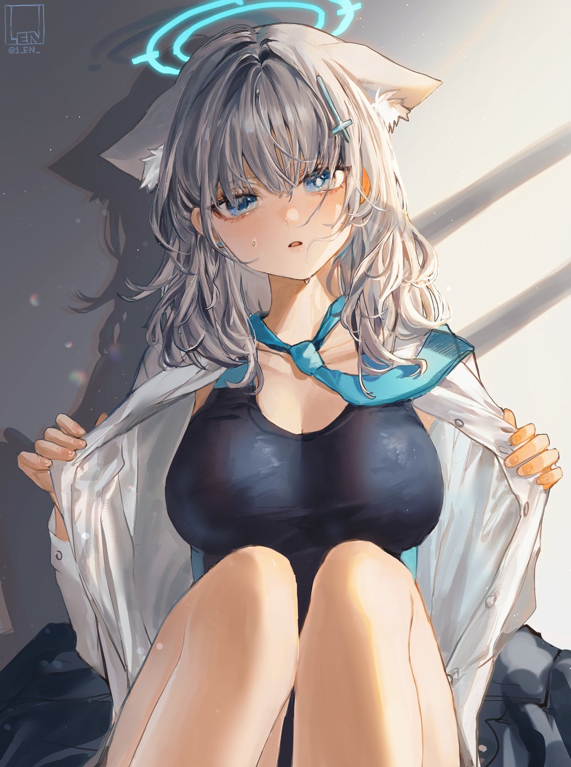 animal_ears, blue_archive, halo, leni_(1_en), nekomimi, open_shirt, seifuku, sunaookami_shiroko, swimsuits