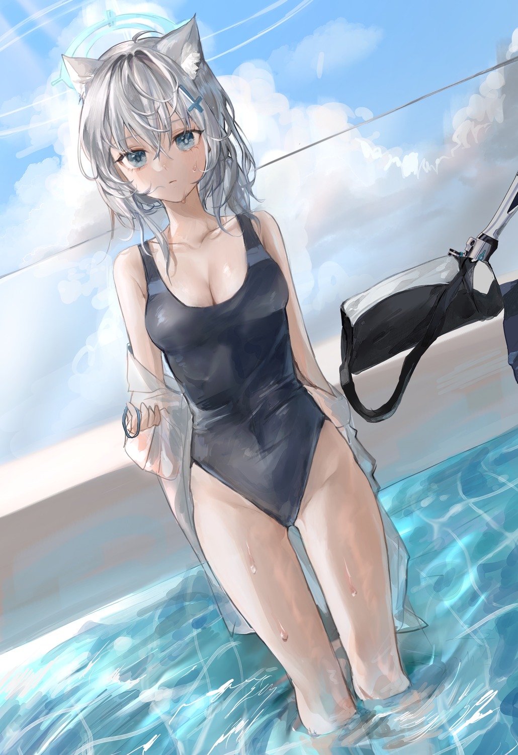 animal_ears, blue_archive, halo, leni_(1_en), nekomimi, open_shirt, sunaookami_shiroko, swimsuits, wet