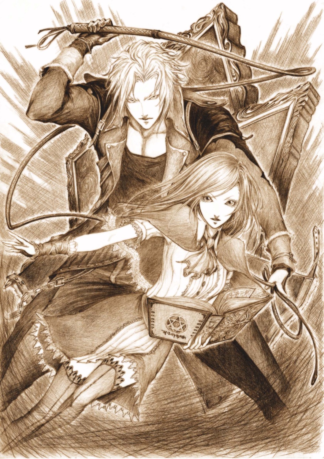 castlevania, castlevania:_portrait_of_ruin, charlotte_aulin, daburoku, jonathan_morris, monochrome, thighhighs