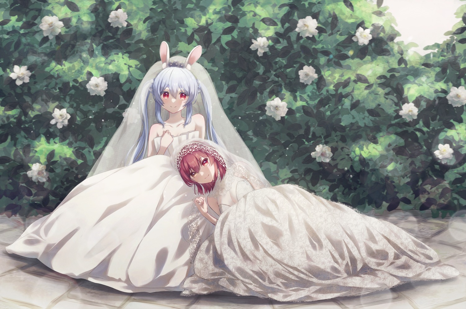 amami_(amaama0_0), animal_ears, bunny_ears, dress, heterochromia, hololive, houshou_marine, no_bra, usada_pekora, wedding_dress