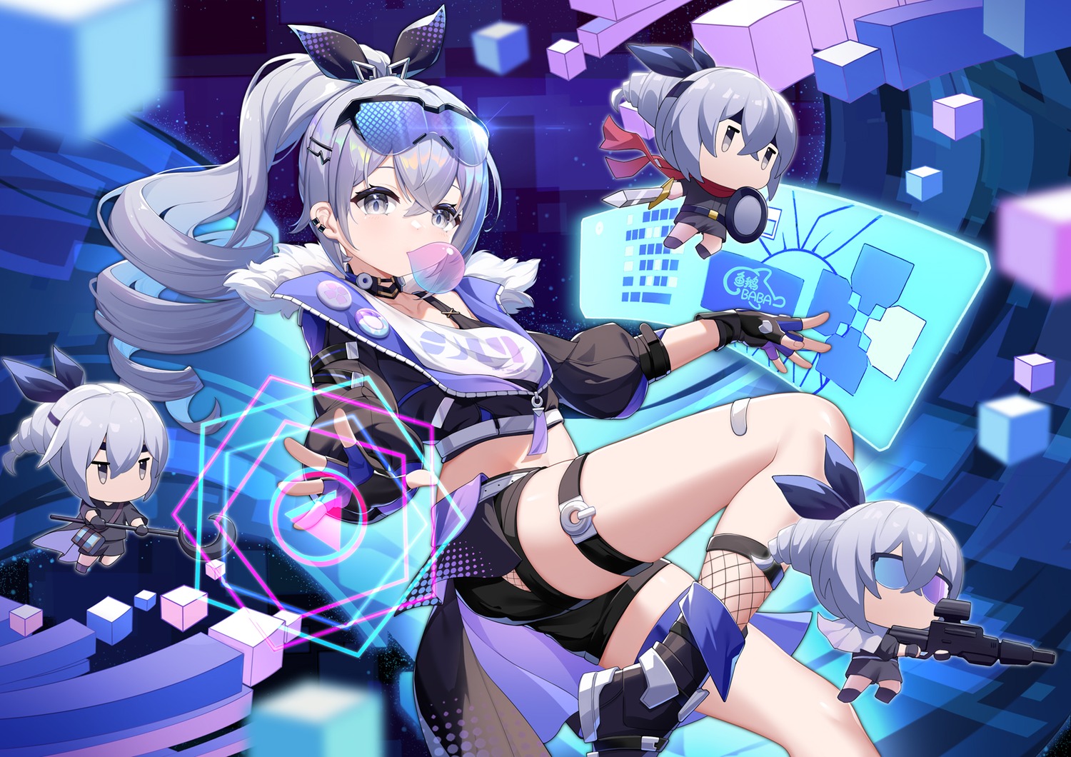 bandaid, chibi, fishnets, garter, gun, honkai:_star_rail, megane, silver_wolf_(honkai:_star_rail), sword, weapon, yu_e_baba