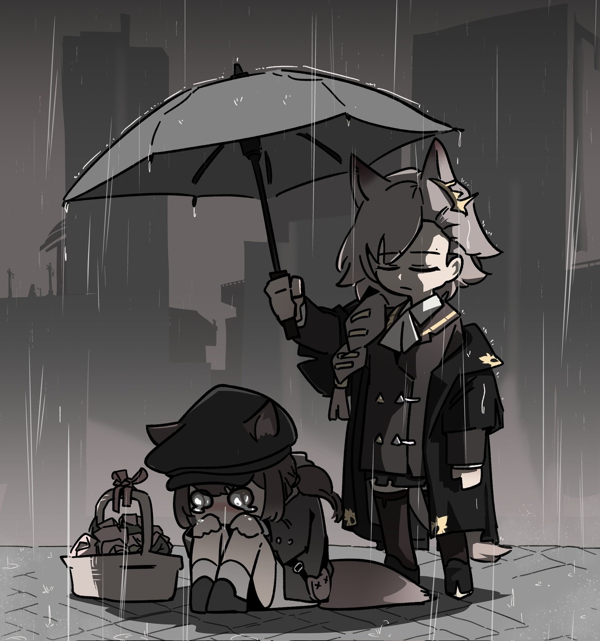 animal_ears, arknights, ingsae, open_shirt, penance, rubio's_daughter_(npc)_(arknights), tail, thighhighs, umbrella, wet