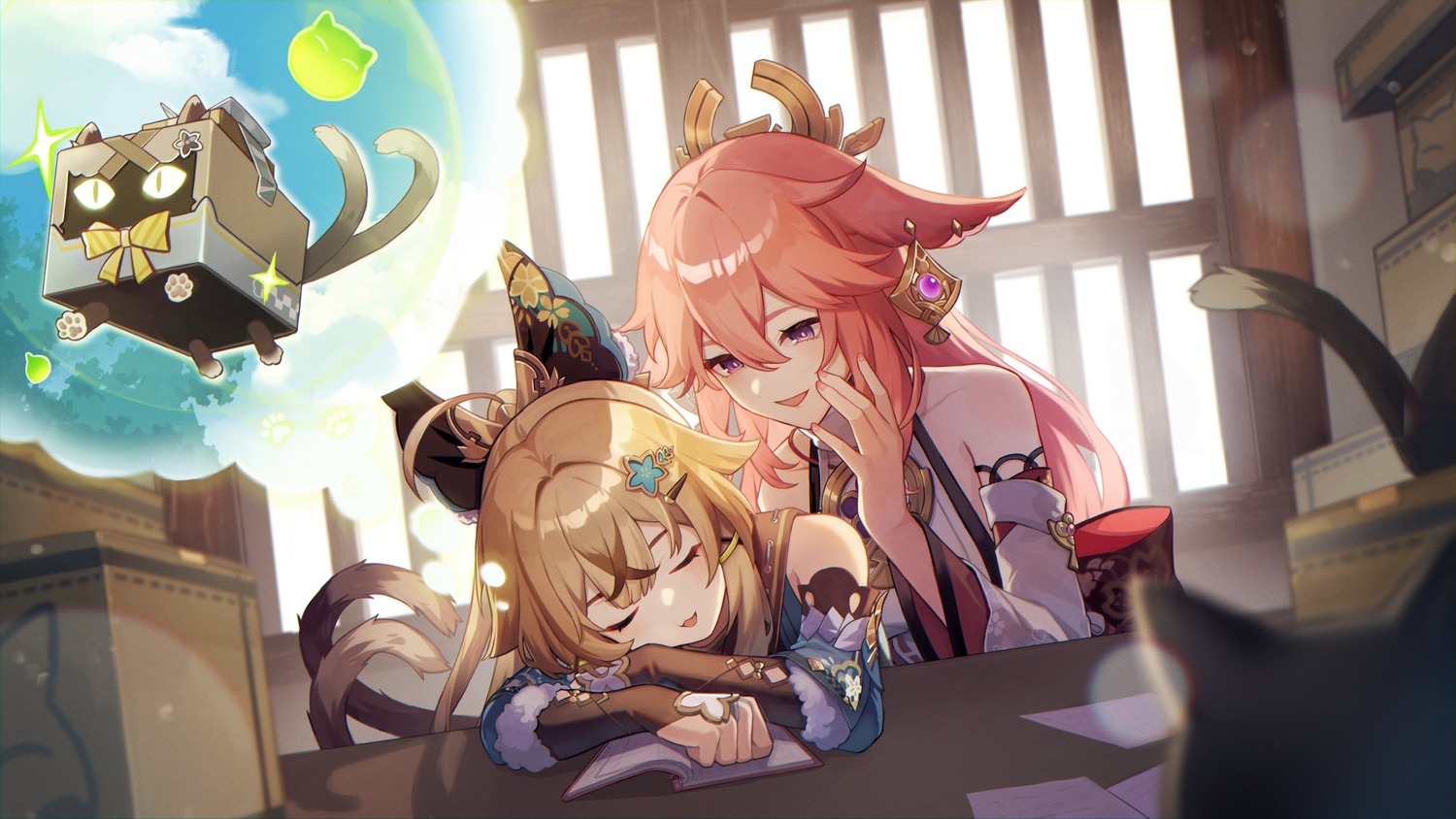 animal_ears, genshin_impact, japanese_clothes, kino_(m6t2a), kirara_(genshin_impact), kitsune, tail, yae_miko