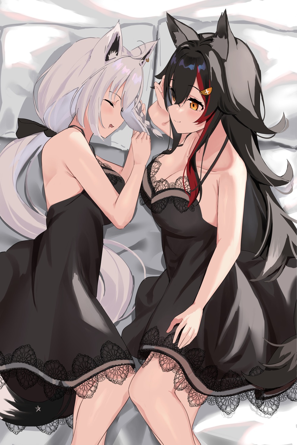 animal_ears, dress, hololive, hololive_gamers, kitsune, no_bra, ookami_mio, shirakami_fubuki, tail, uuroncha, yuri