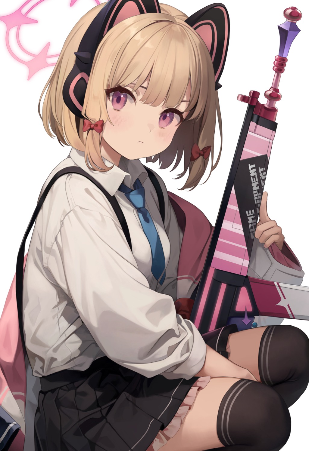 animal_ears, blue_archive, gun, halo, headphones, kurige_horse, nekomimi, saiba_momoi