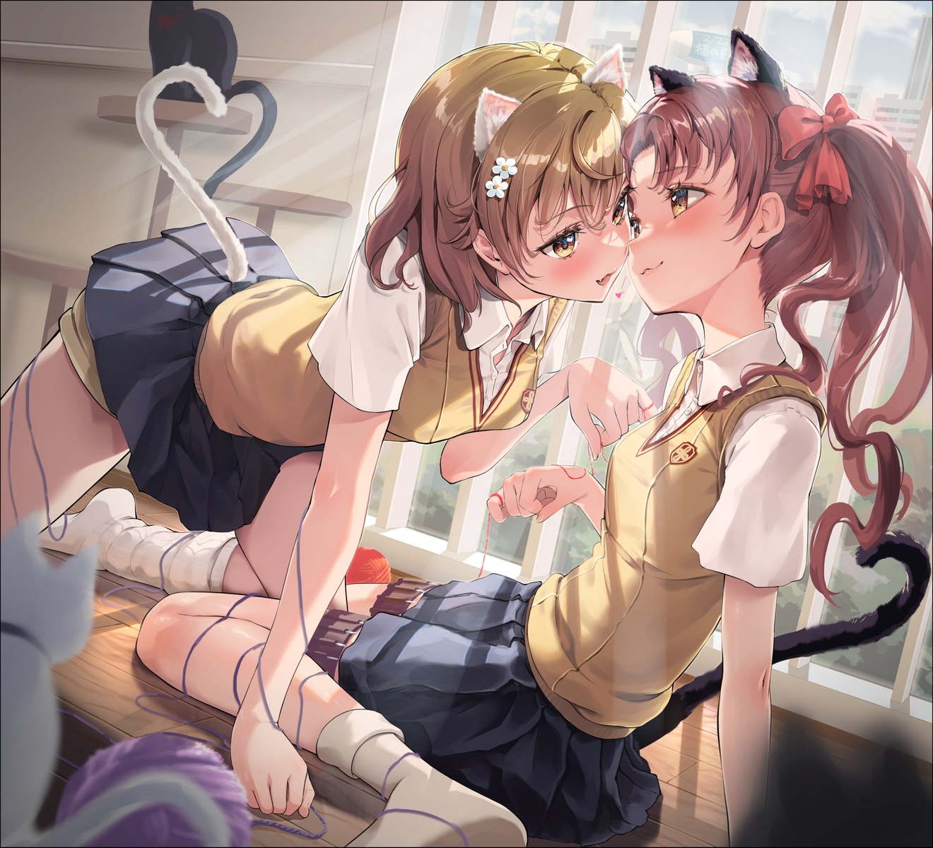 animal_ears, garter, misaka_mikoto, neko, nekomimi, seifuku, shirai_kuroko, skirt_lift