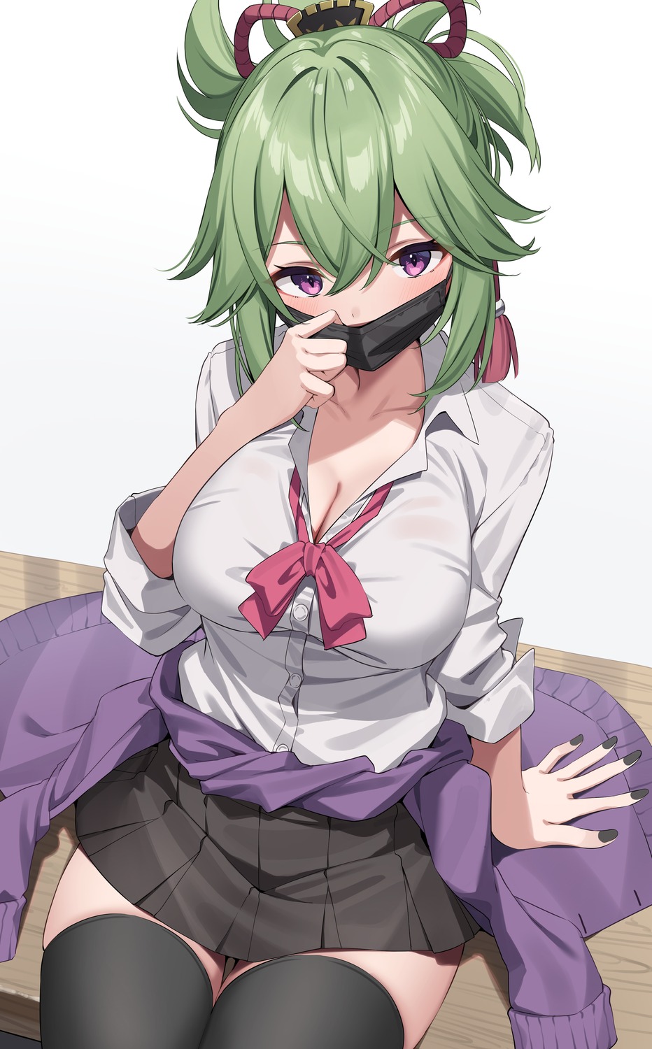cleavage, genshin_impact, kuki_shinobu, open_shirt, see_through, seifuku, suiroh, sweater